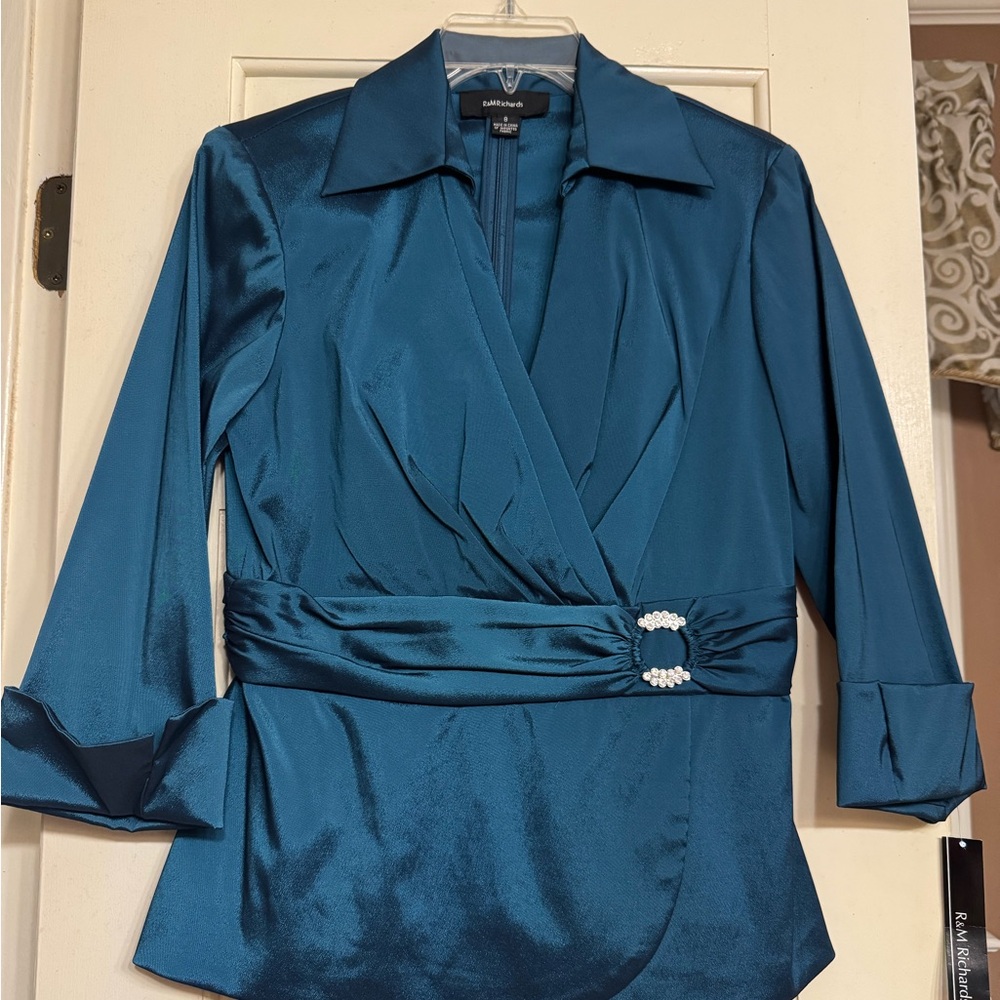 R&M Richards Teal Satin Wrap Blouse NWT